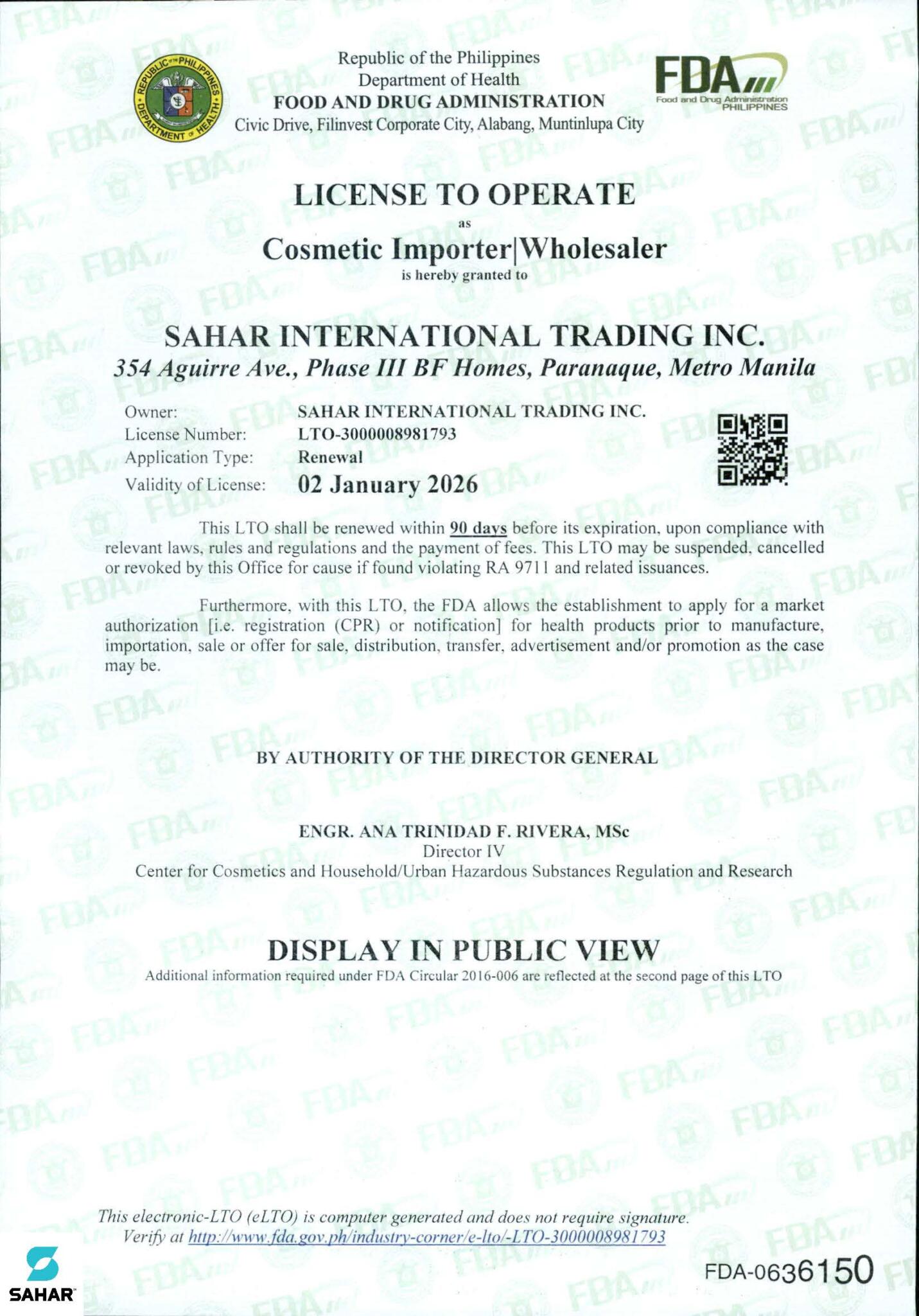 LTO - SAHAR INTERNATIONAL TRADING INC. - Cosmetic Importer-Wholesaler_02January2026